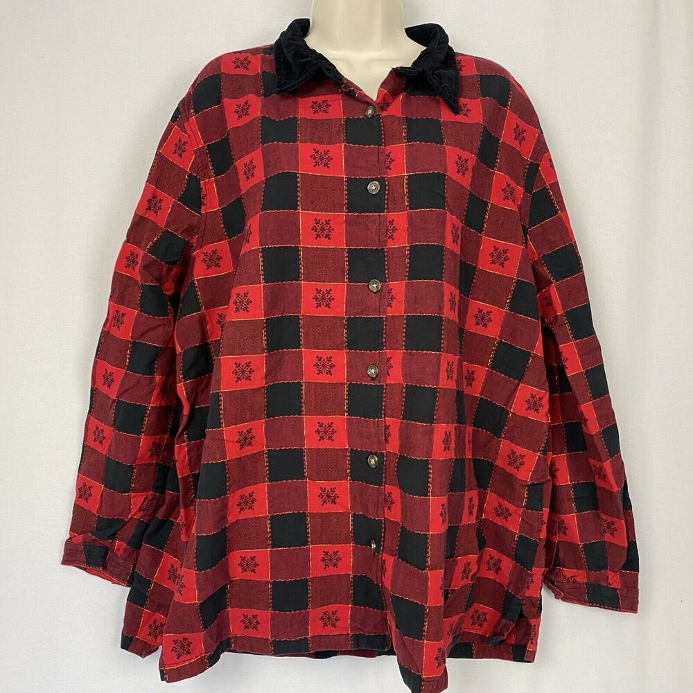 Vtg Christmas Top Womens 18/20W Buffalo Plaid Snowflake Bobbie Brooks Cabincore